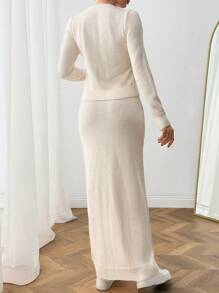 EURMUSE Women Solid Color Front Bow Tie Cardigan & Sweater Skirt Set - Beige - View 2