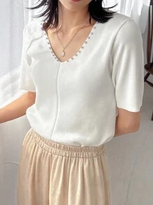 FRIFUL Áo len dệt kim cổ chữ V tay ngắn thường ngày đính hạt trang trí cho nữ - trắng - Xem 9
