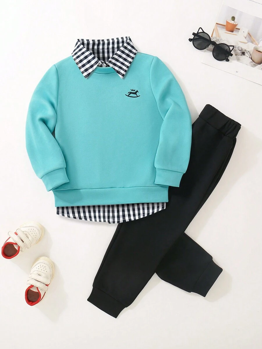 SHEIN 2 件装年轻男孩可爱休闲黄色刺绣运动衫和黑色裤子舒适服装,春季 - 薄荷綠 - 查看 1