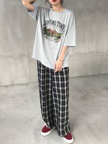 FRIFUL Women Casual 2 Pieces Set: T-Shirt & Plaid Pants, Graphic Print, Summer Lounge Sets For Women - Grey - View 3