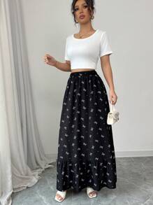 Modelyn 女式印花梭织黑色碎花松紧腰喇叭裙 - 黑色 - 查看 7