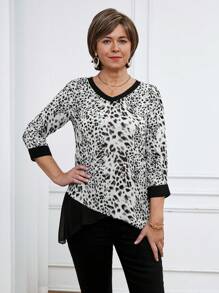 SHEIN LUNE Women Leopard Print V-Neck 3/4 Sleeve Loose Blouse - Black - View 1