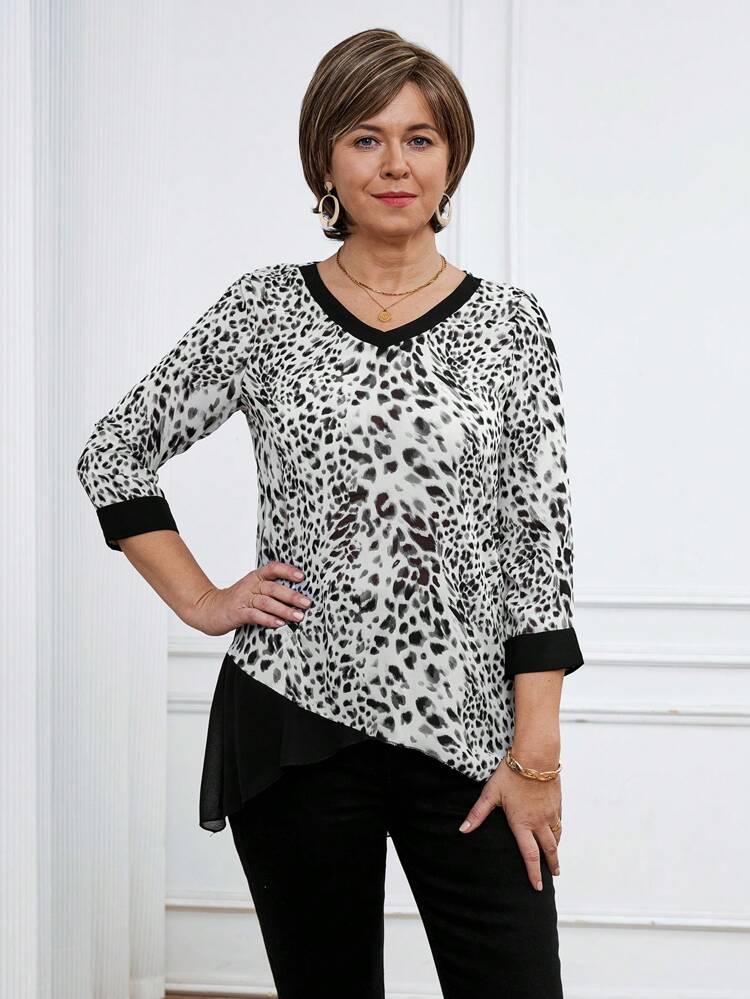Women Leopard Print V-Neck 3/4 Sleeve Loose Blouse