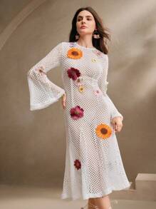 Anewsta 花卉装饰钩针罩衫女士海滩装 - 白色 - 查看 4