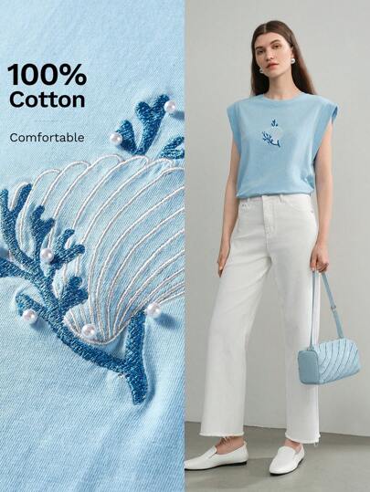 MOTF STUDIO 刺繡珊瑚貝紋半開襟短袖T恤