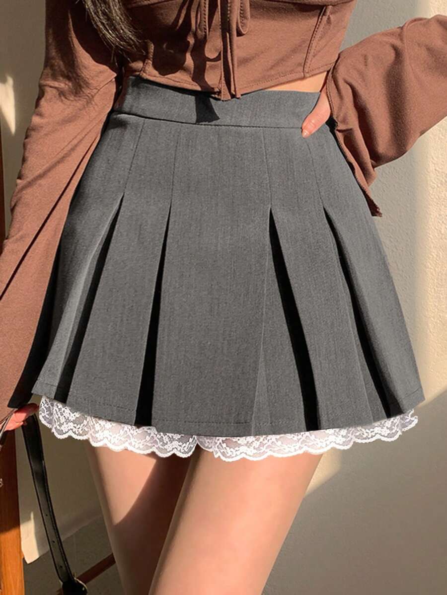 DAZY Lace Patchwork Plaid Short Pleated Skirt For Women,Fall Clothes - Grey - View 1