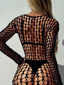 Swim SXY Đầm đi biển cổ tròn tay dài màu đen khoét sâu gợi cảm cho nữ, váy quấn che chắn cho kỳ nghỉ hè - màu đen - Xem 2