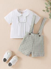 Souflis Souflis 2 件男婴绅士装：纯色 Polo 衫 + 可调节腰部格子短裤