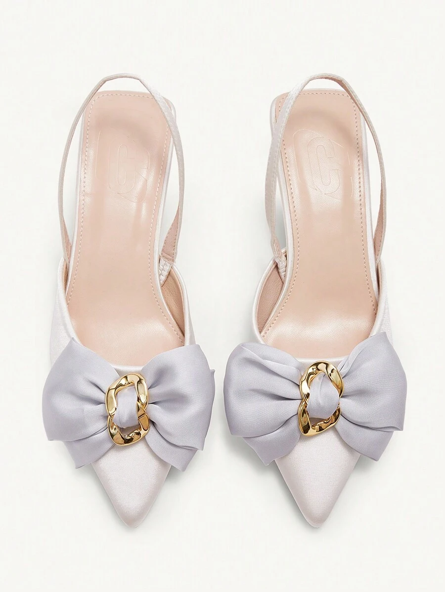 CUCCOO CHICEST 女士尖头细高跟鞋,金属扣,蝴蝶结装饰,优雅迷人,适合派对、约会、下午茶、正式场合,白色 - 米色 - 查看 1
