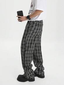 Chillumni Men's Plaid Washed Relaxed Straight Leg Jeans, Urban Chill - Black - View 1