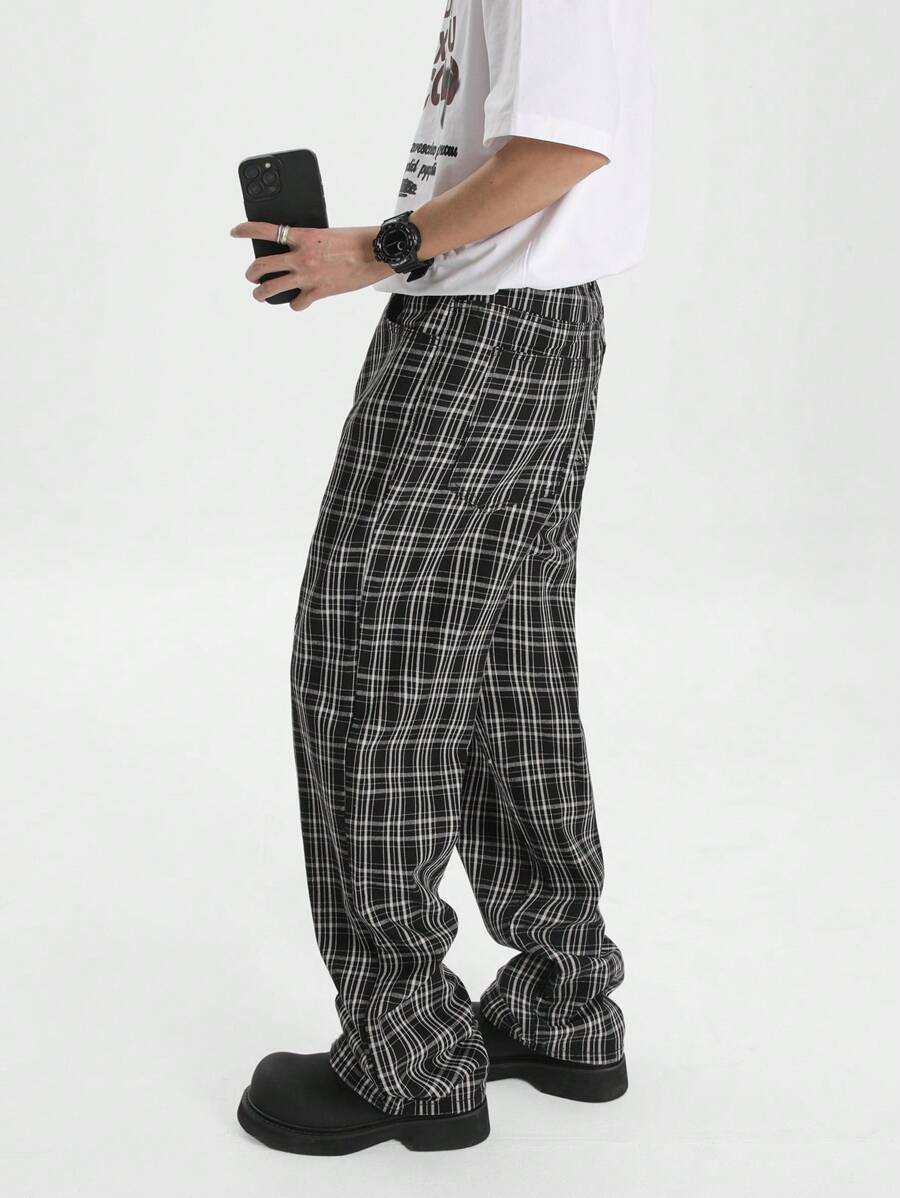 Chillumni Men's Plaid Washed Relaxed Straight Leg Jeans, Urban Chill - Black - View 1