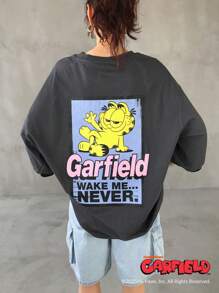 Garfield X FRIFUL Women's Cartoon Print Loose Round Neck Short Sleeve T-Shirt, Casual Wear For Summer Cute Tops - Grey - View 8