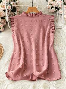 SHEIN LUNE Women's Vacation Casual Solid Color Swiss Dot Patchwork Ruffle Trim Sleeveless Blouse - Pink - View 2