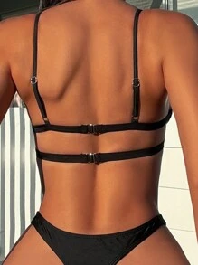 Swim SXY 女款夏季海灘假期純色中空比基尼上衣，適用於游泳池 - 黑色 - 查看 3