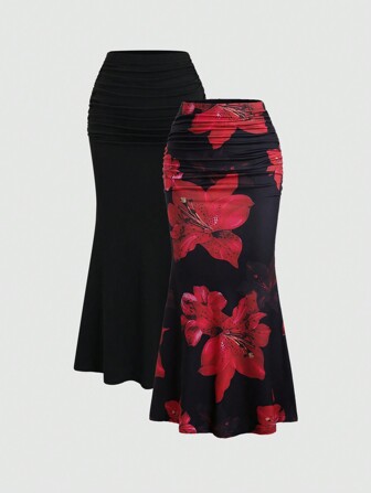 Sweetra 2 件套女士套装：优雅派对纯色美人鱼裙和花卉印花裙