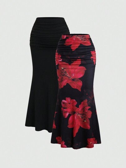 Sweetra 2 件套女士套装：优雅派对纯色美人鱼裙和花卉印花裙