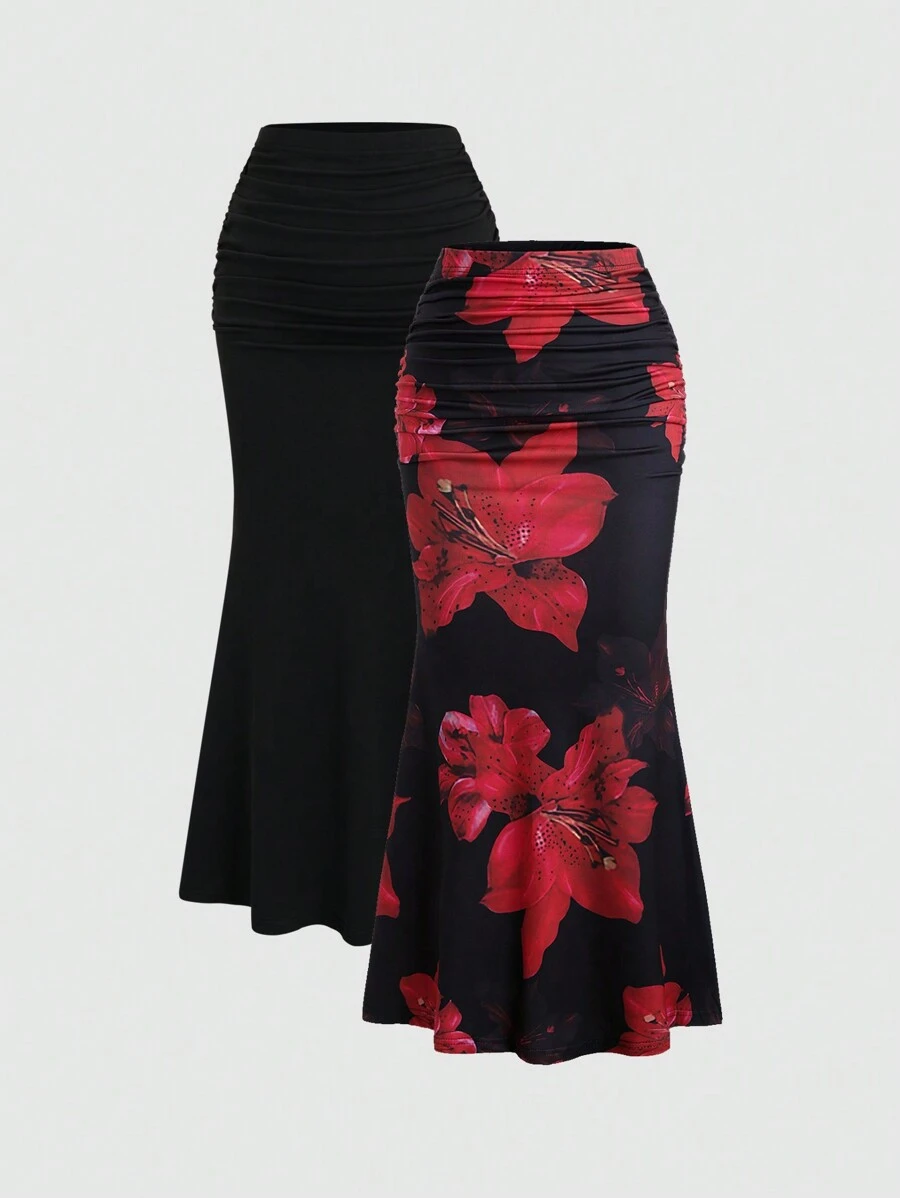 Sweetra Bộ 2 món dành cho nữ: Váy đuôi cá dự tiệc màu trơn thanh lịch và váy in hoa - Nhiều màu - Xem 1