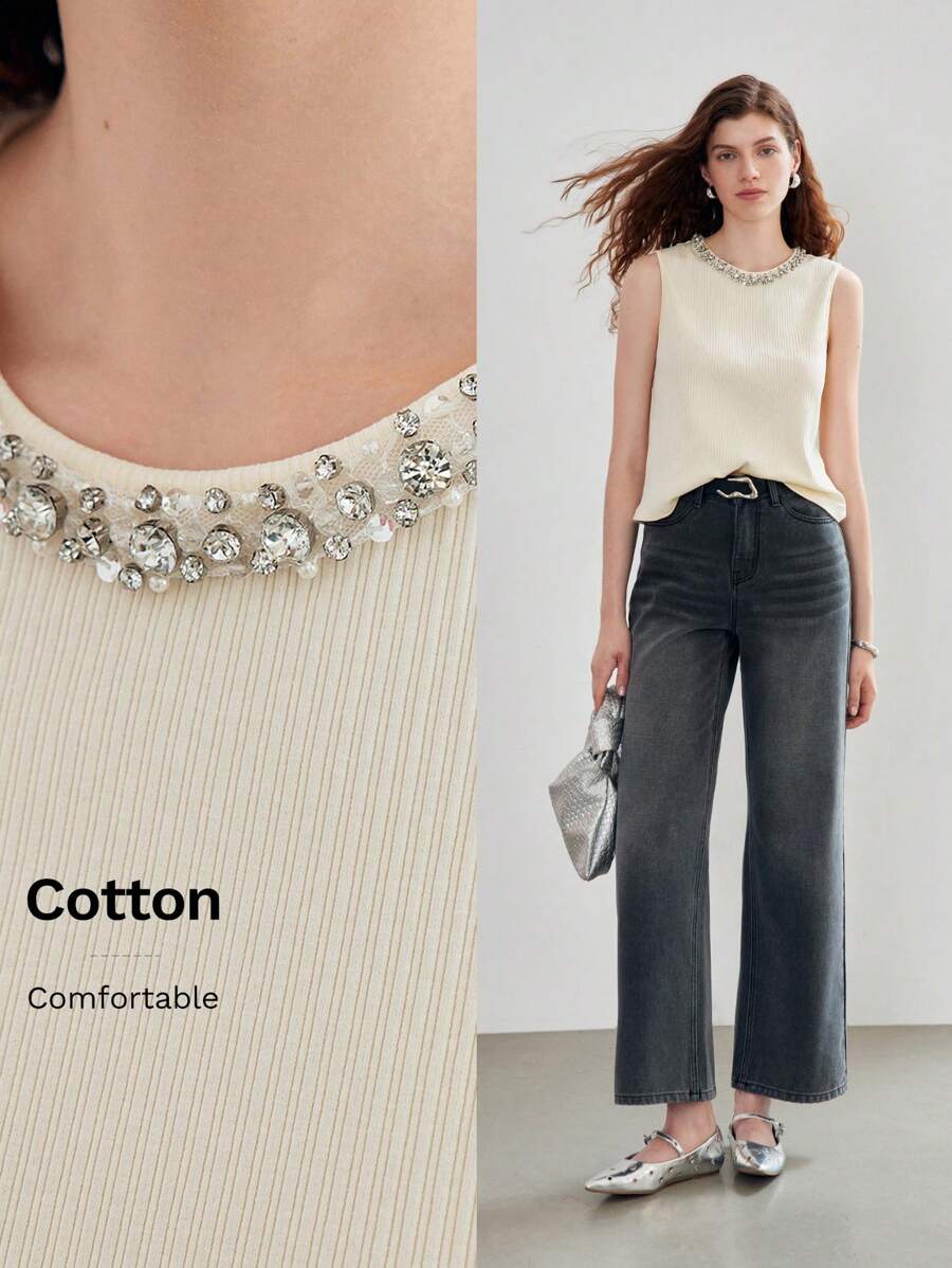 MOTF STUDIO WOMEN'S SUMMER RHINESTONE DECOR ROUND NECK ELEGANT TANK TOP - White - View 1