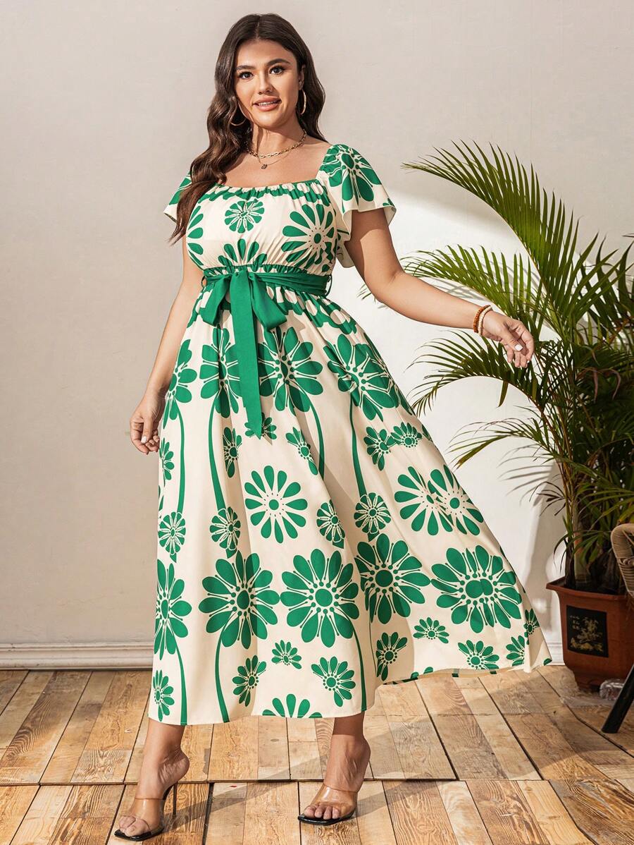 Breezaya Plus Size Women's Boho Valentine's Day Woven Print Color Block Square Neck Tie Waist Short Sleeve Casual Dress, For Summer