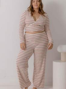 Aralina Curve 休闲针织条纹直筒睡裤 - 藕粉色 - 查看 5