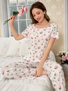 CottageSlumber Floral Print Short Sleeve Pants Pajama Set Holiday Season Bountiful Floral Splendor  Cozy And Elegant Details - Multicolor - View 1