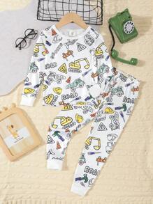 SHEIN Young Boy Cool Luminous Car Print Long Sleeve Snug Fit Pajamas Set - White - View 5