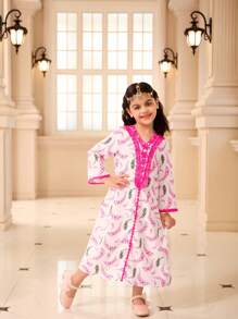 年轻女孩保守传统前襟花卉蕾丝边 V 领花卉复古印花长袖长袍，适合斋月、春夏秋季日常穿着和度假 - 彩色 - 查看 5