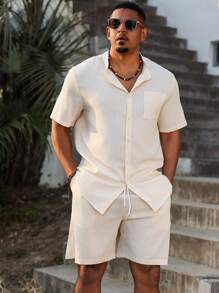 Manfinity RSRT Plus Size Men's Casual Shirt & Shorts Set, Minimalist & Stylish For Daily Wear