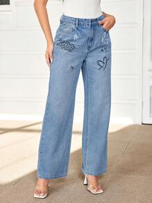 Breezaya Women's Letter & Heart Print Pocket Wide Leg Jeans