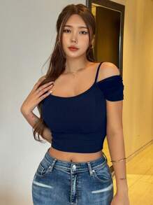 DAZY Women's Solid Color Simple Fitted Cold-Shoulder Blouse, Casual Everyday Wear Summer Preppy Tops - Navy Blue - View 2
