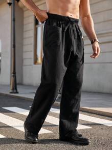 Manfinity Homme Men's Solid Color Front Tie Pocket Casual Long Pants, Simple Style For Daily Wear - Black - View 3