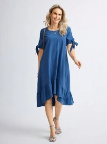 Miaspire Vestido casual sencillo de mujer con cuello redondo, manga corta y plisado en color liso