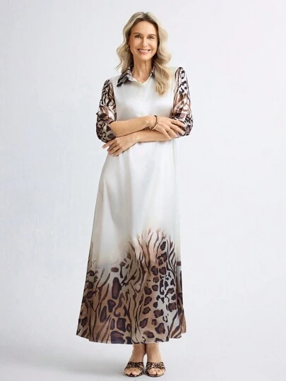 Miaspire 女士缎面豹纹长裙，春夏季优雅度假装