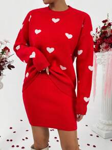 Chiquease Tuta da donna in colore borgogna con collo tondo, casual, con motivo a cuore, per l'autunno/inverno - Rosso e Bianco - Visualizzare 4