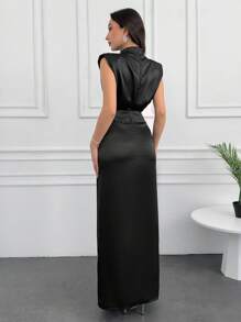 SHEIN Tall 海軍藍優雅垂墜細節長洋裝，適合高個女性 - 黑色 - 查看 2