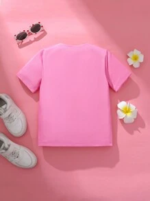 SHEIN Girls' Casual Everyday Cute Rabbit Expression Pattern Round Neck Short Sleeve T-Shirt, Soft And Comfortable Knitted Fabric, Suitable For Easter, Fun Costume Play, Parties, Outdoor Activities - Hot Pink - View 3