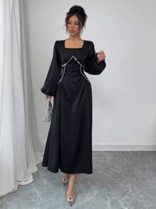 Modelyn 女士水钻装饰长袖方领简约休闲优雅长裙 - 黑色 - 查看 4