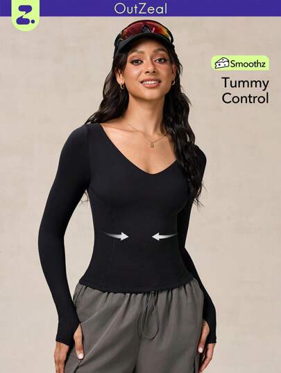 OutZeal Women's Black Athletic T-Shirt, Suitable For Camping And Fitness, Long Sleeves, Tummy Control, Quick-Drying, Buttery Soft, V-Neck With Thumbholes.