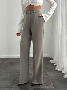 RueChic Women's Solid Color Front Button Minimalist Casual Long Pants, Everyday Wear - Grey - View 6