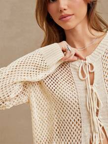 WESTFADE 春夏季镂空针织圆领蝴蝶结正面宽松短款长袖开衫毛衣西部风女装 - 米色 - 查看 5