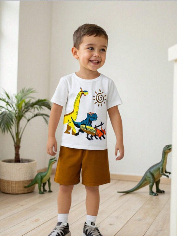 Set de top și pantaloni scurți cu mânecă scurtă, cu imprimeu de dinozaur, cu 2 bucăți, potrivit pentru vară, călătorii în aer liber, ținute de zi cu zi