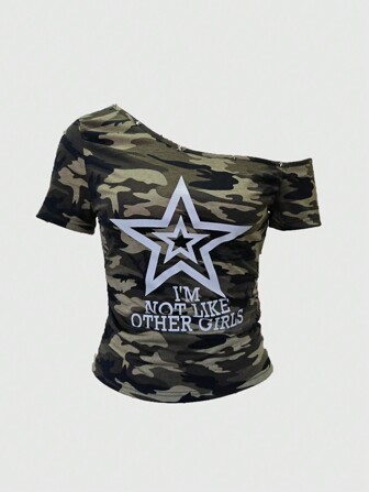 ROMWE Avant Women's Asymmetric Neck Short Sleeve Camouflage Star Print T-Shirt