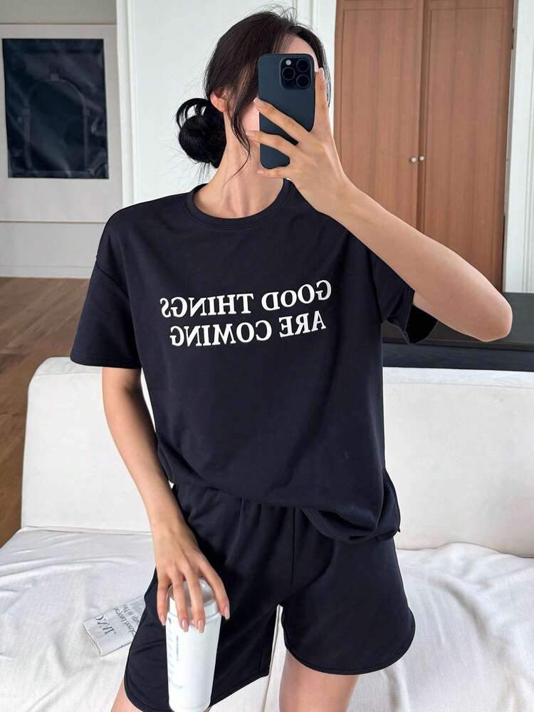 2pcs Women Casual & Minimalist Short Sleeve Set, Everyday Style,Short Women Sets Lounge Sets For Women