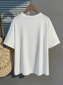 INAWLY Áo thun nữ tay ngắn cổ tròn màu trơn mùa hè có kích thước lớn - trắng - Xem 2