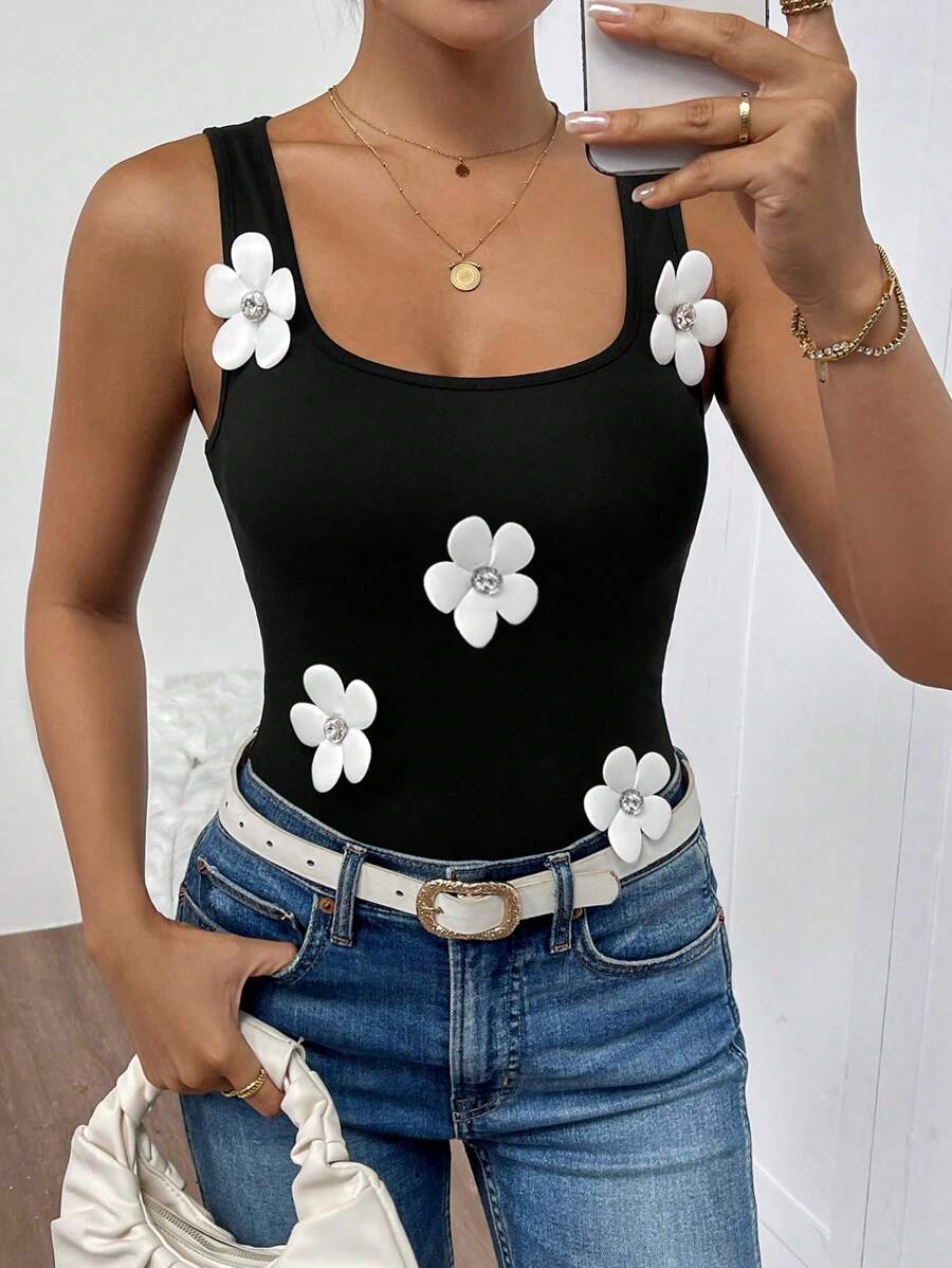 SHEIN Unity 女士优雅 3D 花卉修身方领背心 - 黑色 - 查看 1