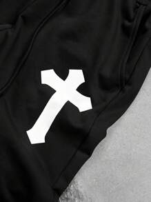 Manfinity EMRG 男士休闲十字字母印花抽绳连帽衫和运动裤套装