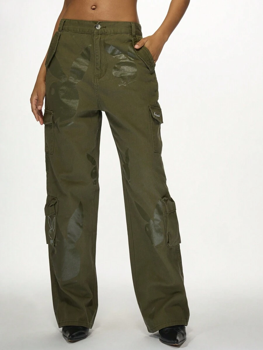 Missguided x Playboy Military Cargo Pants Loose Fit Wide Leg Combat Trousers Streetwear Utility Festival Y2K Fashion Autumn Winter - Green - View 1