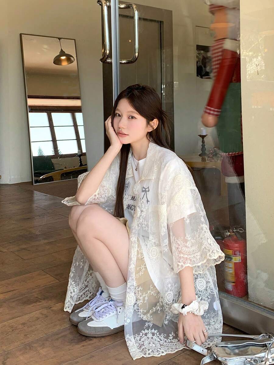 DAZY 女士休闲蕾丝透明长袖衬衫，休闲与度假