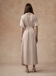 Écloséra Vestido largo informal de mujer de manga corta y unicolor con detalle de lazo - Albaricoque - Ver 2