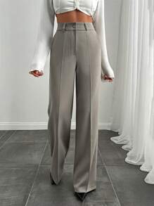 RueChic Women's Solid Color Front Button Minimalist Casual Long Pants, Everyday Wear - Grey - View 1